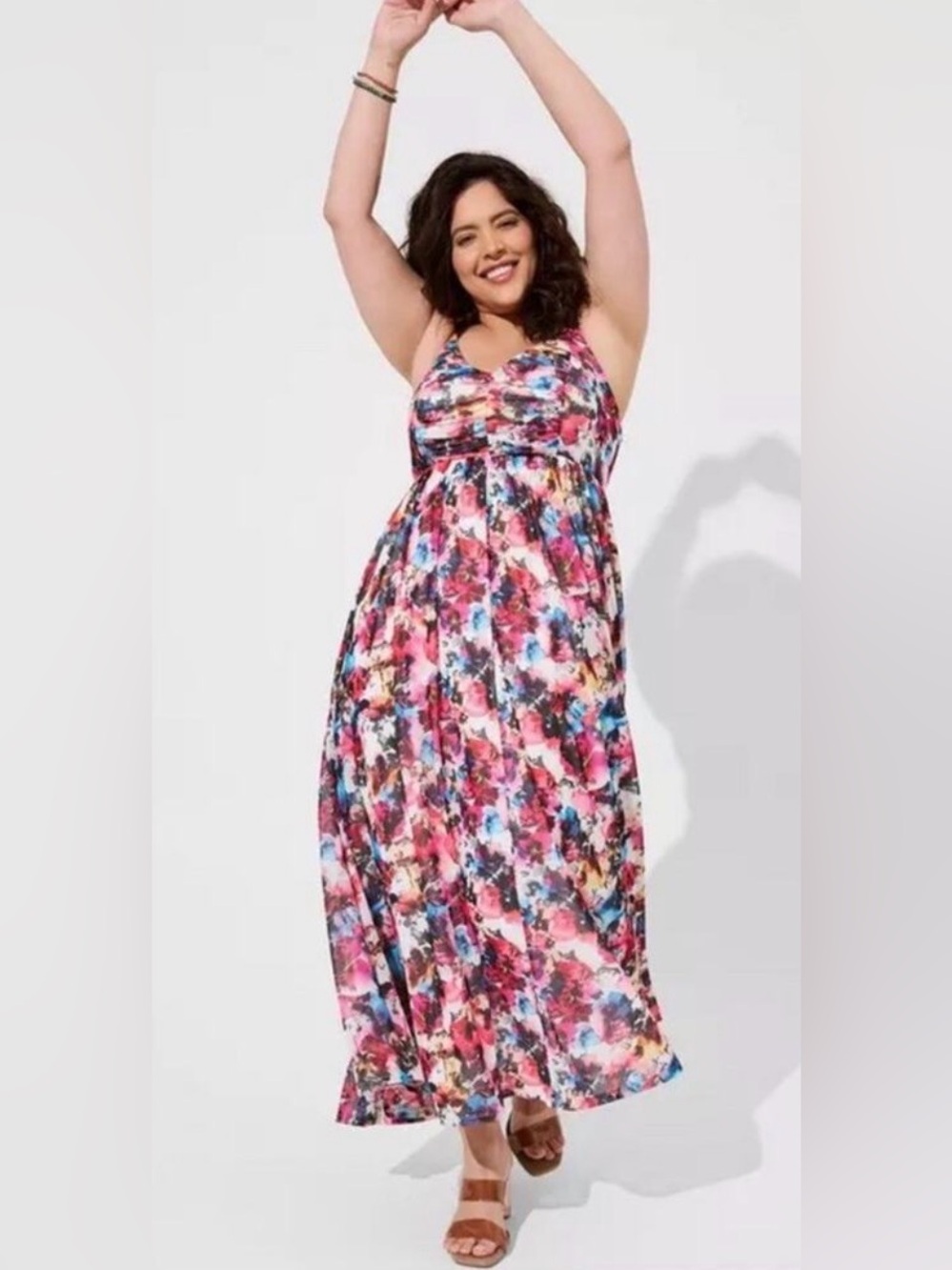 Torrid Soft Mesh Pleated Maxi Dress multicolor watercolor floral print 1XL - Picture 1 of 6